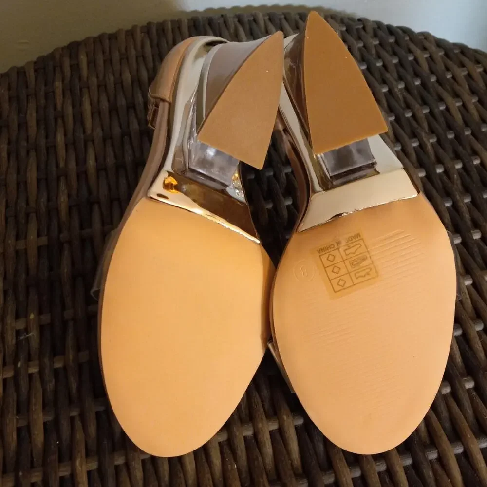 NIB Mei Oi Nude Clear Heel Sandals Sz 8 Lucite Block Heel Ankle Strap Statement - Picture 6 of 12